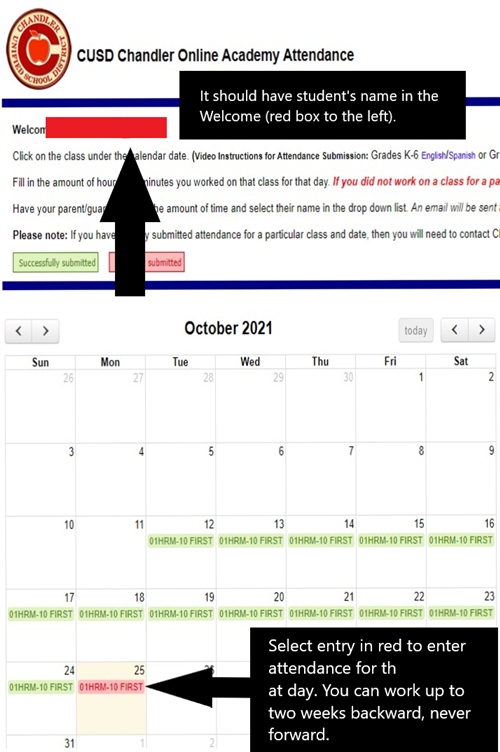 Attendance calendar image pointing to where to select in order to enter attendance